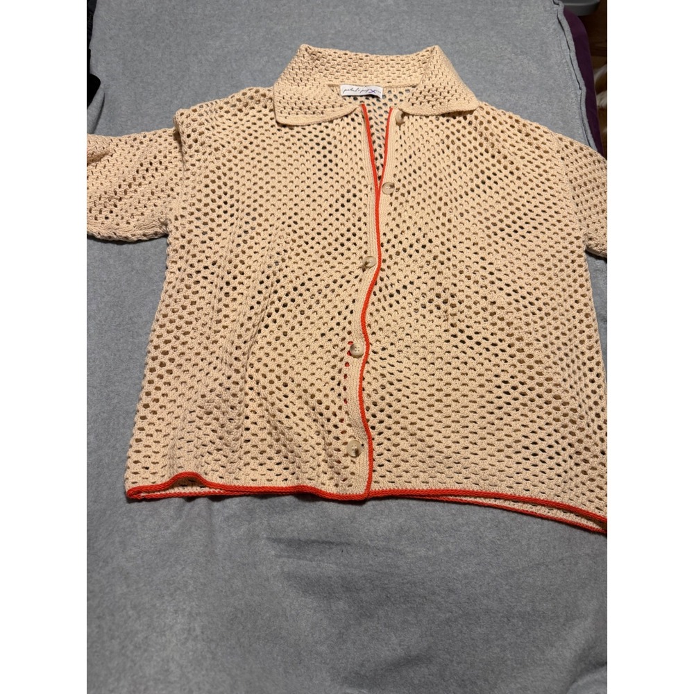 Petal & Pup Crochet Knit Button Down Shirt Beige Orange Trim Short Sleeve Small